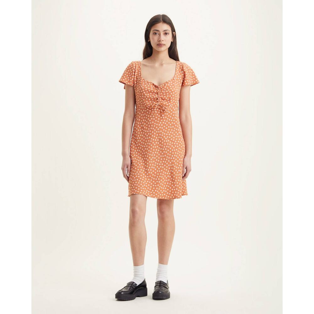 Levi's Skylar Floral Dress Orange Sweetheart Neck Back Zip Short Sleeve Sz M